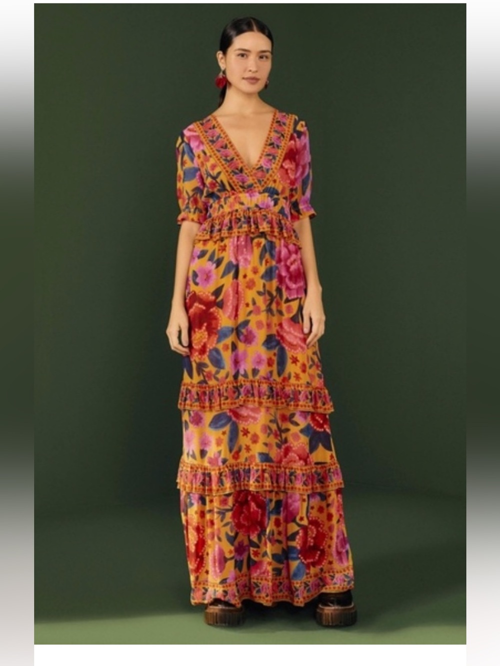 FARM Rio Floral Dream Maxi Dress SMALL Ruffles Tiered Bold Summer Resort Vibrant